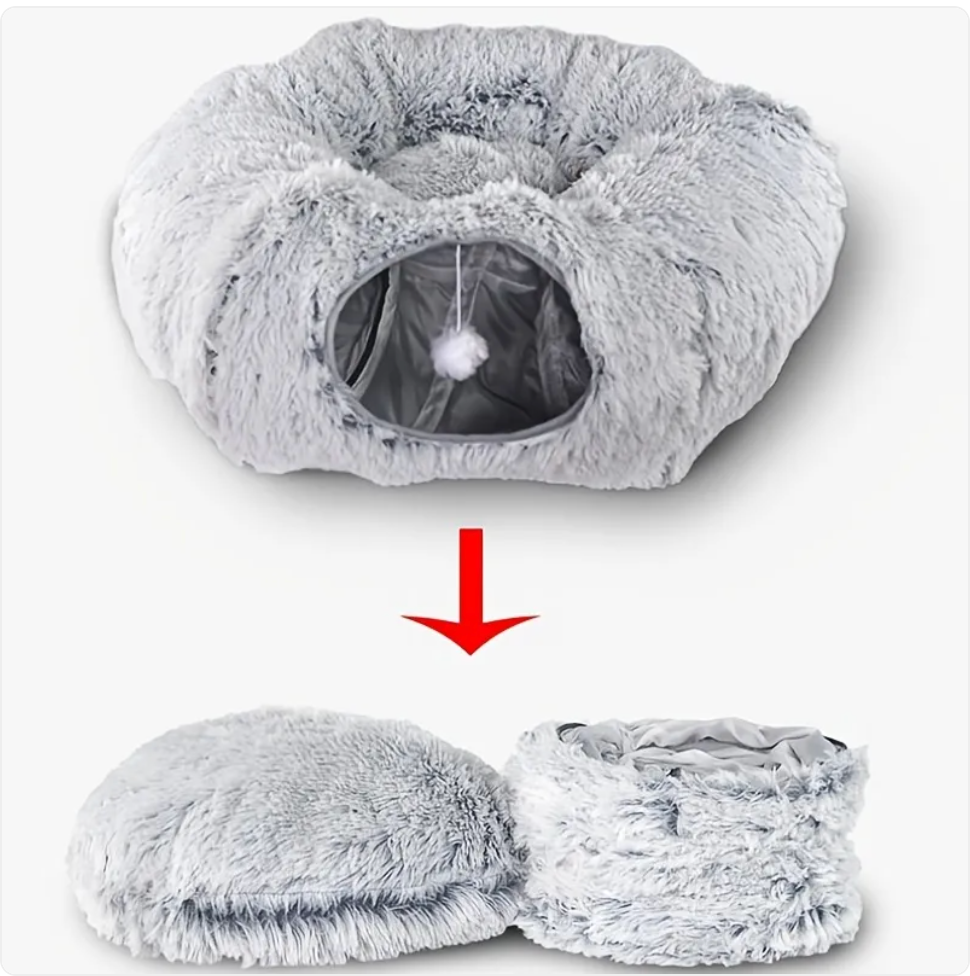 Foldable Plush Cat Tunnel & Nest Bed - Cozy Winter Kennel