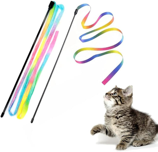 Rainbow Cat Wand Toy - Interactive Ribbon Teaser