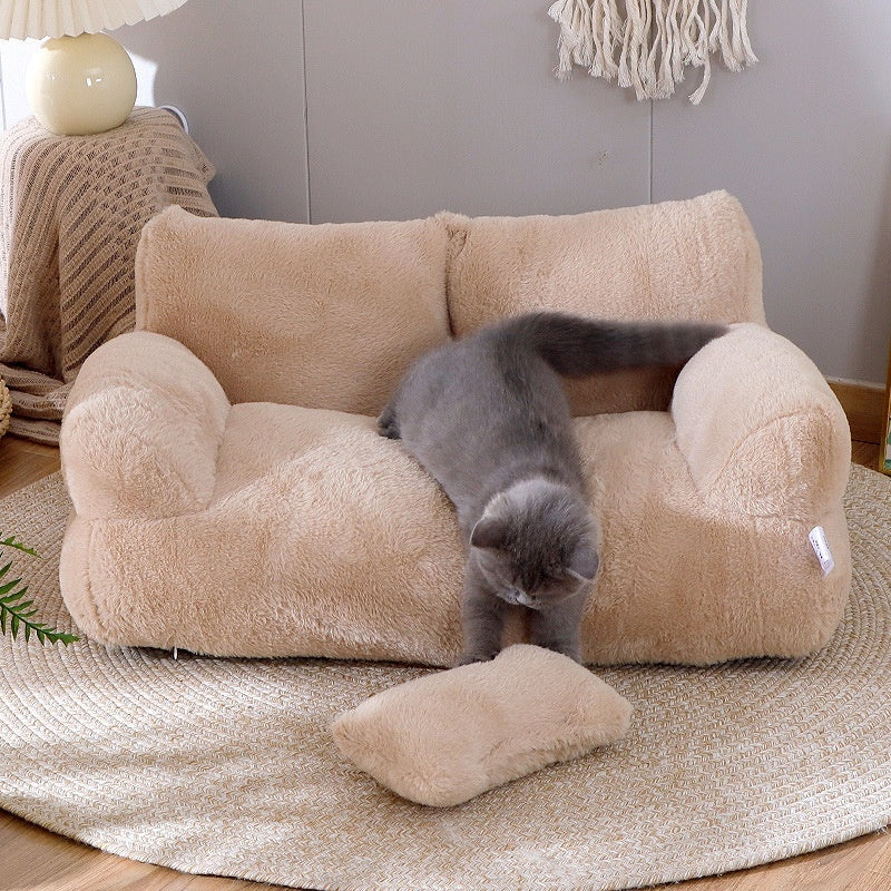 Luxury Cat Bed Sofa - Warm Plush Pet Nest with Pillow