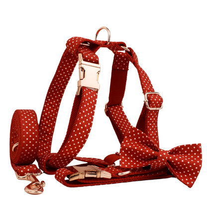 Red Dot Dog Collar & Leash Set with Bow Tie - Stylish Walking Set