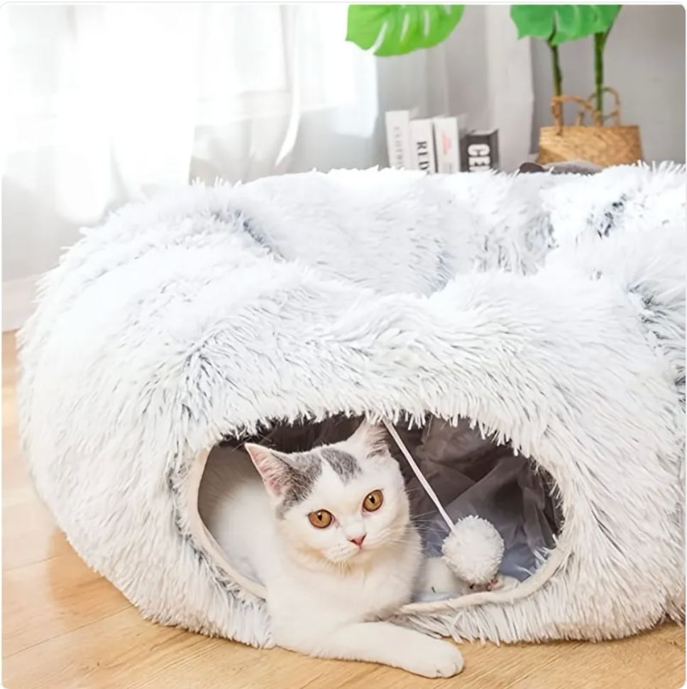 Foldable Plush Cat Tunnel & Nest Bed - Cozy Winter Kennel
