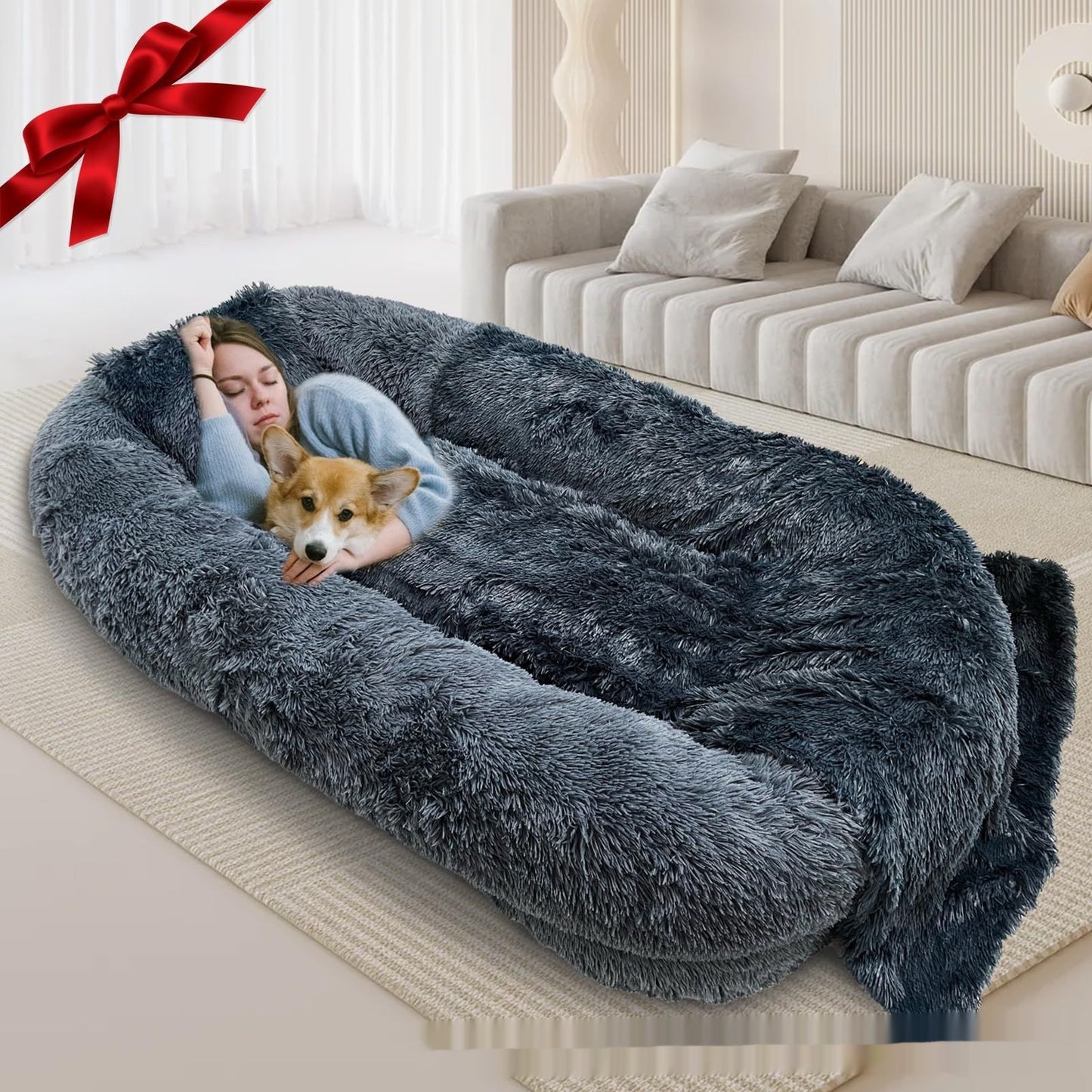 Oversized Pet Sofa - Queen-Size Plush Bed for Owner & Dog