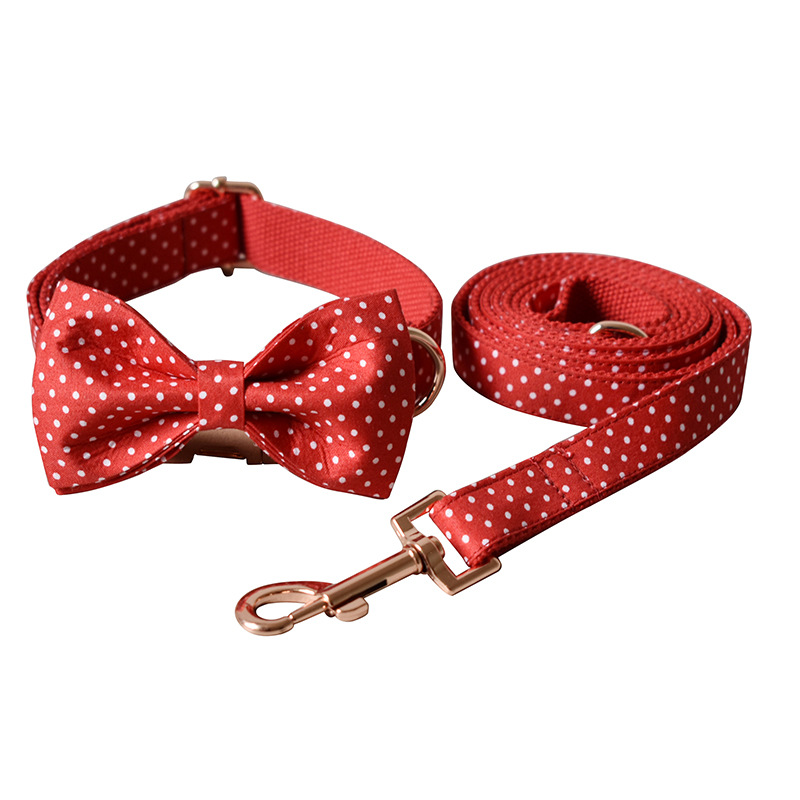 Red Dot Dog Collar & Leash Set with Bow Tie - Stylish Walking Set