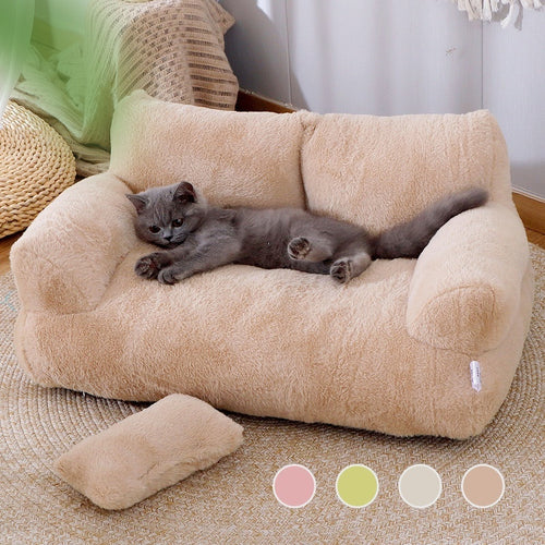 Luxury Cat Bed Sofa - Warm Plush Pet Nest with Pillow