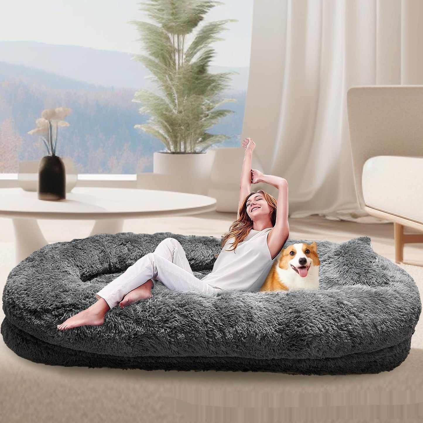Oversized Pet Sofa - Queen-Size Plush Bed for Owner & Dog