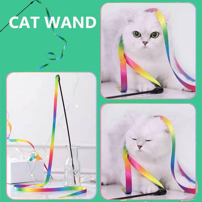 Rainbow Cat Wand Toy - Interactive Ribbon Teaser
