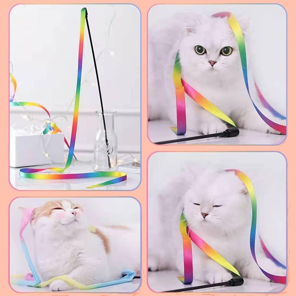 Rainbow Cat Wand Toy - Interactive Ribbon Teaser