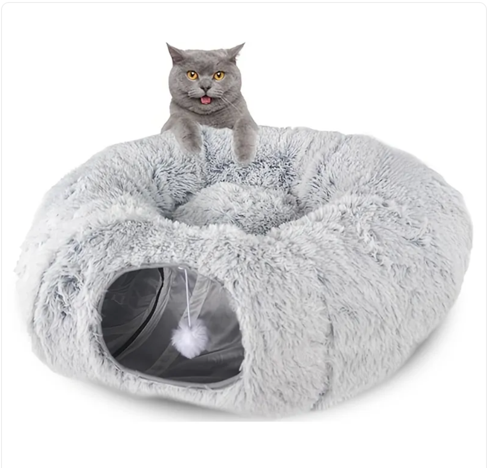 Foldable Plush Cat Tunnel & Nest Bed - Cozy Winter Kennel
